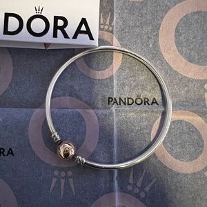 Authentic Pandora 6.7 two toned bangle silver and rose gold clasp